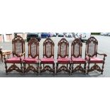 Edwardian set of 6 carved oak dining chairs comprising four single and two carver chairs,