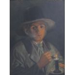 19th century oil painting on board of man with candle smoking pipe "A light" with unidentifiable