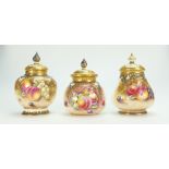 Three Royal Worcester hand painted pot pourri jars with reticulated lids.