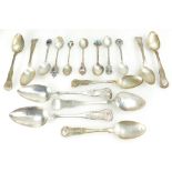 Group of assorted hallmarked solid silver spoons from 19th century onwards, weight 310 grams.