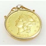 USA $20 / twenty dollar .900 gold coin, together with 9ct gold mount.