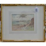 Thomas S Hutton watercolour painting of beach and coastal town scene in gilt frame 20 x 15cm