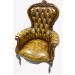 19th Century mahogany French Louis XV style leather arm chair on cabriole legs