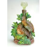 Lonitz Majolica figure group of pair partridges in front of oak tree,