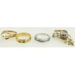 3 gold coloured metal rings and 9ct pendant A/F. 13.