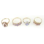 9ct gold rings x 4 - garnet & pearl, amethyst, ruby (or similar) & blue Zircon. Gross weight 10.