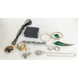 A collection of costume jewellery including silver cufflinks set, silver snooker medal and chain,