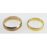 Two wedding rings, a hallmarked 22ct ring (3.6g) and yellow metal ring (5.2g).