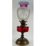 19th century cranberry glass lamp base on brass base with purple glass shade
