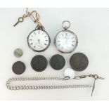 Two silver gents pocket watches (needing attention) together with silver Albert watch chain and a