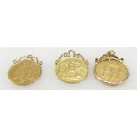 Three 22ct gold half Sovereign coins, all with yellow metal mounts. Two x 1887 & 1 x 1914. 13.