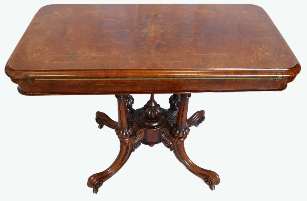 Victorian burr walnut inlaid fold over card table with oval top,