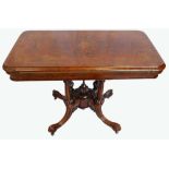 Victorian burr walnut inlaid fold over card table with oval top,