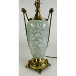 French 19th Century porcelain pâte-sur-pâte oil lamp decorated both sides with flowers & leaves