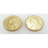 Two 22ct gold full sovereign coins 1896 & 1910