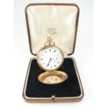 Gold plated full hunter pocket watch in original leather case