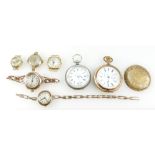 Group of seven watches including ladies silver pocket watch, gold watch with bracelet,