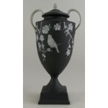 Wedgwood two handled vase & cover decorated with birds on branches in white on black pate sur pate