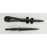 Fairbairn Sykes Second World War fighting knife marked William Rodgers to hilt in leather sheath,