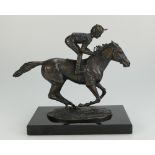 David Corrnell 1985 bronze figure of horse and jockey on marble base, titled Championship Finish,