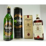 Glenfiddich pure malt special reserve scotch whisky 1 litre in original tin and 70cl Ballantines