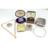 A collection vintage jewellery items including art nouveau pewter brooch, silver ladies fob watch,