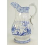 Mid 19th Century large Blue and White transfer printed, Staffordshire jug. 28cm high.