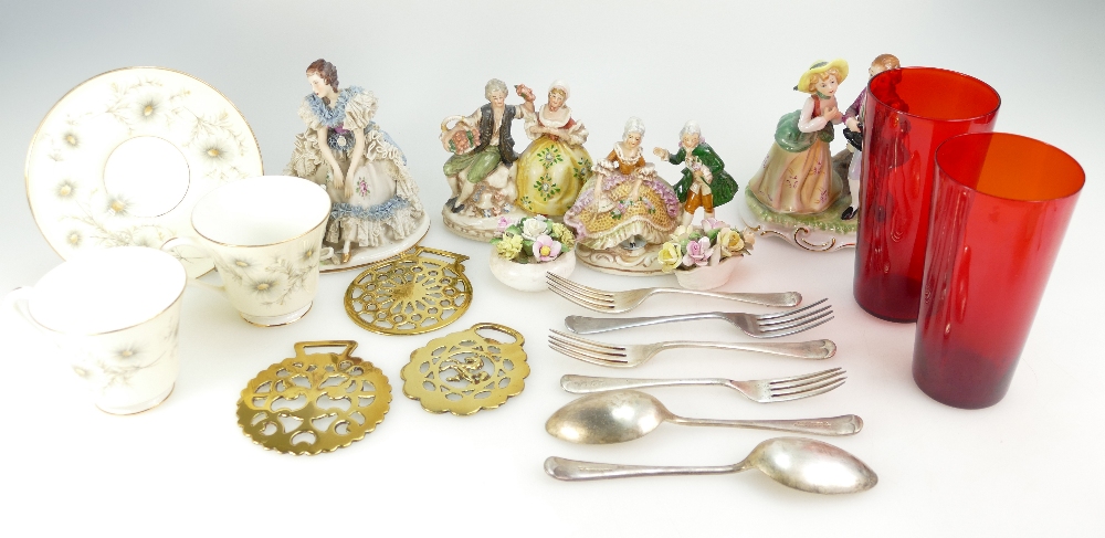 A collection of assorted silver plated cutlery and ceramics including boxed pieces, tea set,