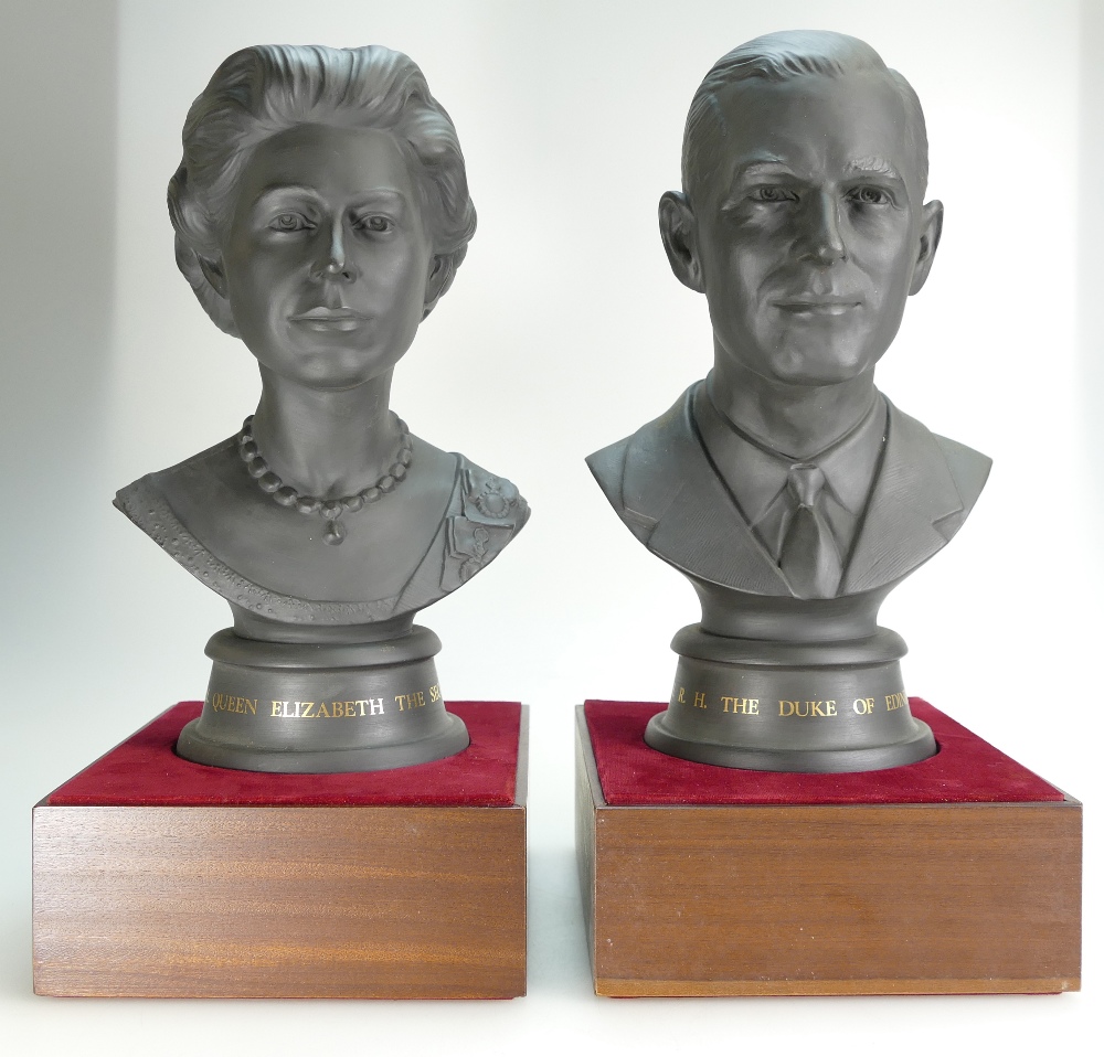 Pair of cased limited edition Royal Doulton black basalt busts of QEII and Prince Philip.