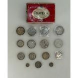 A collection of silver coins including various crowns, double florin's,