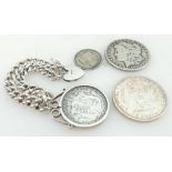 Antique silver bracelet and silver coins - 2 x 19th century USA dollars 1890 & 1883,