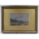 P T Waite, watercolour painting of farm workers in fields and landscape in ornate gilt frame,