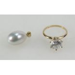 14k gold and white stone ring, together with 18ct gold mounted freshwater pearl pendant.