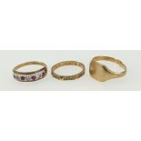 9ct diamond & ruby ring, 9ct eternity ring and broken 9ct gents cygnet ring, 7.