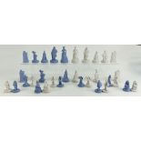 A set of Wedgwood jasper ware chess pieces, one set in blue jasper and the other in white jasper,