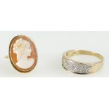 9ct ladies diamond ring, 3.4 grams and 9ct cameo ring, 3.