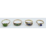 9ct gold dress rings with blue & green stones- 2 x hallmarked & 2 x 9ct 7.