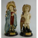 Pair Continental pottery figures of a boy and a girl dressed up in clothes, "Moma & Pops",