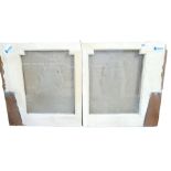 Pair etched glass windows decorated with ships on high seas, in solid wood frames,