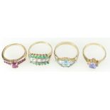 Gold rings x Four - 9ct x 3 & 14ct x 1 (blue pear shaped stone) various green, red & blue gemstones.