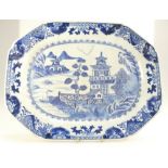 Chinese early 19th century blue & white porcelain platter decorated with pagodas in landscape with