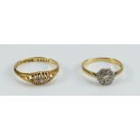 18ct hallmarked antique 2 stone diamond dress ring size P, together with a diamond cluster ring,