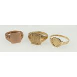 9ct gold gents cygnet ring and two similar 9ct rose gold gents cygnet rings, 10.