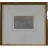 William Huggins, pencil sketch coloured drawing of cockerel and hens in wood frame ,12.5 x 8.
