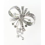 Victorian white gold bow brooch set with sprays of various brilliant and baguette diamonds (6.