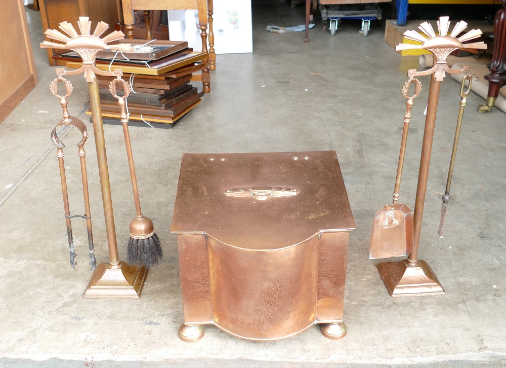 Art Deco brass fireside set to include decorative two handled coal scuttle,