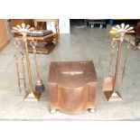 Art Deco brass fireside set to include decorative two handled coal scuttle,
