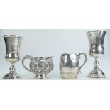 A collection of Asian silver items including vase with etched Chinese scenes,