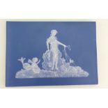 Wedgwood jasper ware plaque white on blue jasper with sea scene, 21cm x 15cm.