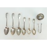 A collection of silver items including early cutlery, pair tongs, salt pot, 265.